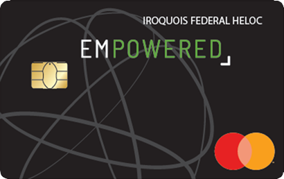 Black bank card issued by Iroquois Federal with a white globe symbol
